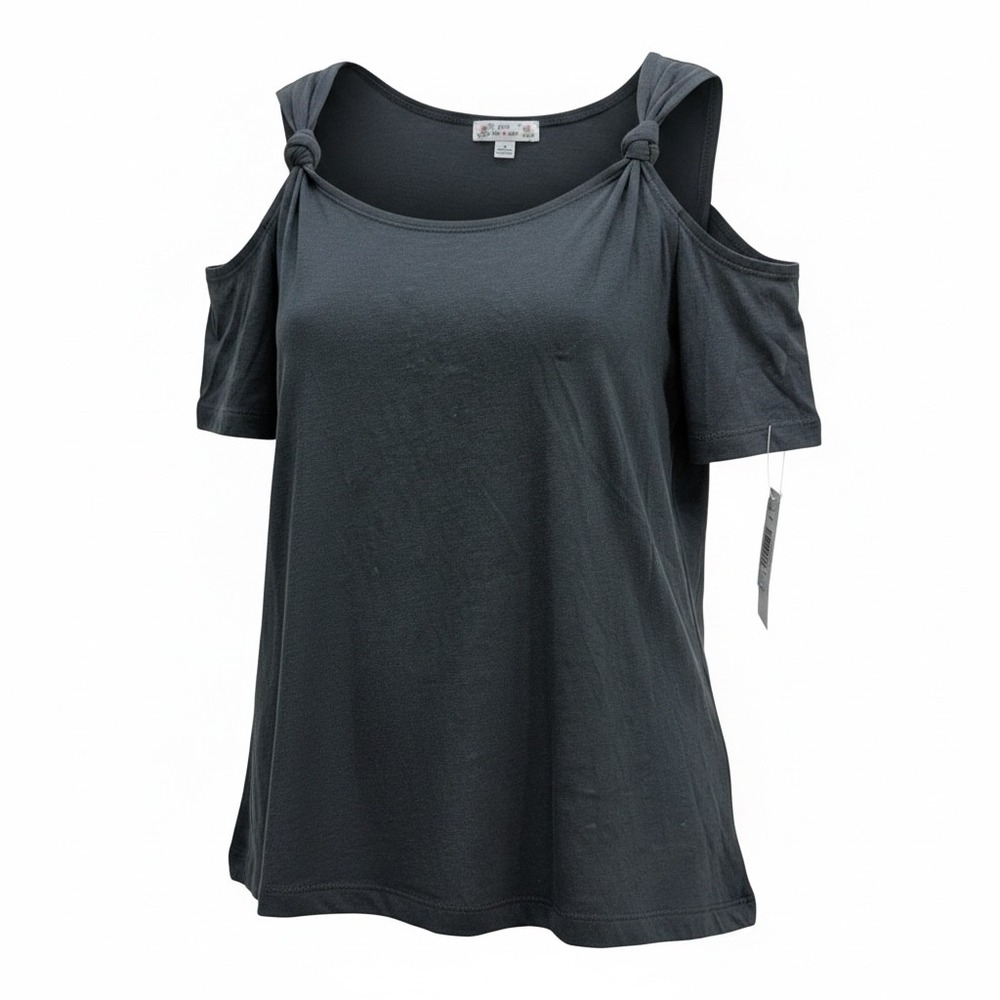 Poof Knotted Cold Shoulder‎ Short Sleeve Top Womens Small Black
